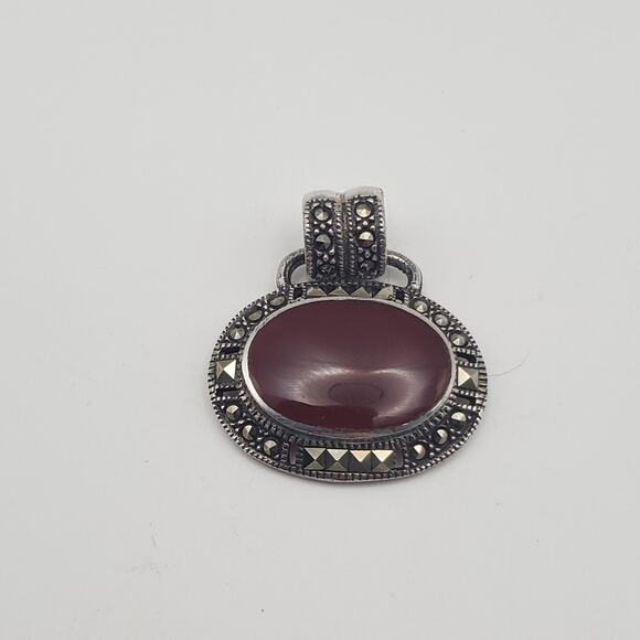Sterling Silver 925 Carnelian and Marcasite Oval Pendant - Picture 1 of 10